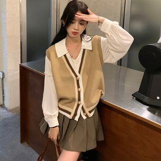 Contrast Trim Button-up Sweater Vest / Ruffle Blouse