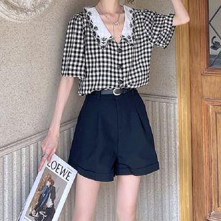 Elbow-sleeve Collar Gingham Blouse