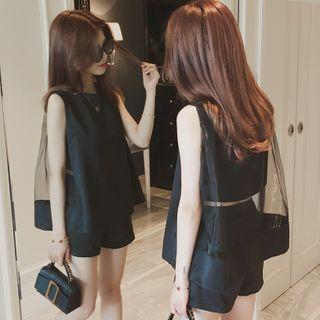 Set: Sleeveless Mesh Overlay Top + Wide-leg Shorts