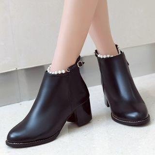 Faux Pearl Block Heel Short Boots