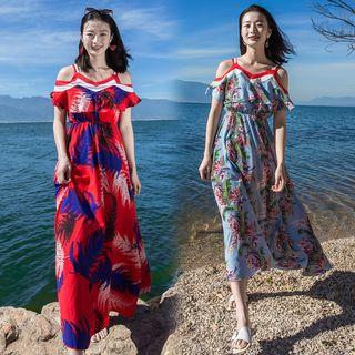 Short-sleeve Cold Shoulder Printed A-line Midi Dress