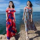 Short-sleeve Cold Shoulder Printed A-line Midi Dress