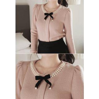 Bow-front Frill-sleeve Knit Top