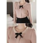 Bow-front Frill-sleeve Knit Top