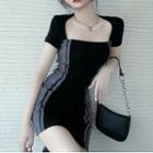 Short-sleeve Mini Sheath Dress Black & Gray - One Size