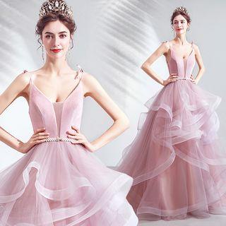 Spaghetti-strap Ruffled Evening Ball Gown