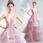 Spaghetti-strap Ruffled Evening Ball Gown
