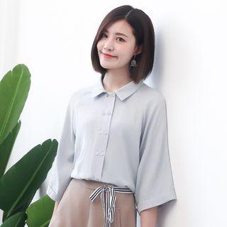 3/4-sleeve Short-sleeve Stand Collar Chiffon Blouse