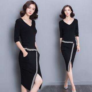 Mock Two-piece 3/4-sleeve Knit Sheath Dress