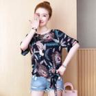 Feather Print Elbow-sleeve Top