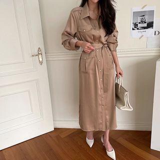 Cargo-pocket Maxi Shirtdress With Sash