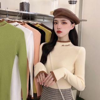Mock Neck Contrast Trim Letter Embroidered Knit Top