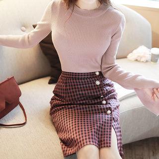 Slit Bell-sleeve Ribbed Knit Top