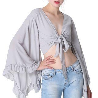 Long-sleeve Frill Trim Tie-front Crop Top