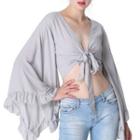 Long-sleeve Frill Trim Tie-front Crop Top
