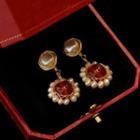 Faux Pearl Agate Dangle Earring 1 Pair - Red Agate & White Faux Pearl - Gold - One Size