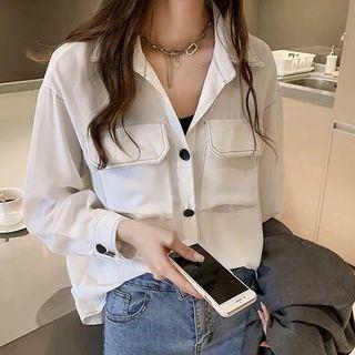 Long-sleeve Plain Loose Fit Double Pocket Shirt