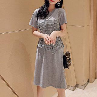 Short-sleeve Gingham Paneled T-shirt Dress