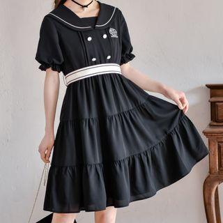 Puff-sleeve Sailor Collar Tie-waist Tiered A-line Dress