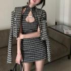 Houndstooth Cutout Mini Halter Dress / Cropped Jacket