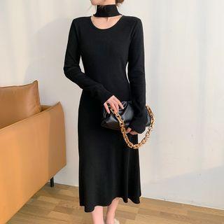 Mock-neck Cut-out Knit Midi A-line Dress