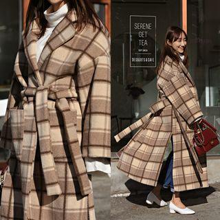 Dual-pocket Long Check Coat With Sash Check - One Size