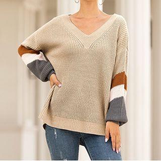 Color Block Ribbed Knit Sweater