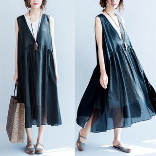 Mock Two-piece Sleeveless Midi Dress Black - One Size