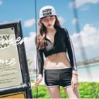 Set: Striped Tankini + Long-sleeve Rashguard Jacket + Swim Shorts