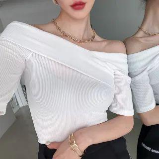 Off-shoulder Fold-over Ribbed Top