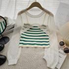 Long-sleeve Perforated Knit Top / Striped Camisole Top