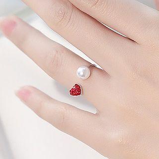 925 Sterling Silver Faux Pearl Heart Open Ring Silver - One Size