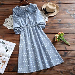 Long-sleeve Dotted Midi A-line  Dress