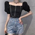 Puff Sleeve Square Neck Zipper Cropped Top