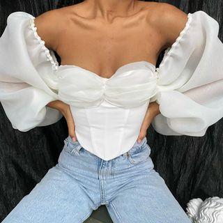 Mesh Panel Off-shoulder Long Lantern-sleeve Crop Top