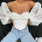Mesh Panel Off-shoulder Long Lantern-sleeve Crop Top