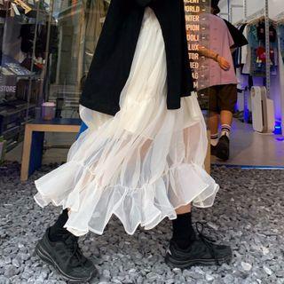 Tiered Maxi A-line Mesh Skirt White - One Size