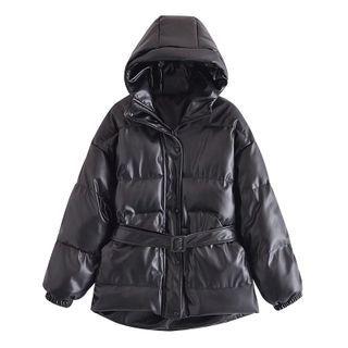 Faux Leather Belted Hooded Padded Zip Jacket