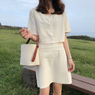 Set: Plain Short Sleeve Blouse + A-line Skirt
