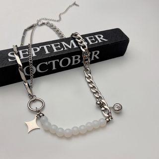 Star Faux Pearl Stainless Steel Necklace White & Silver - One Size