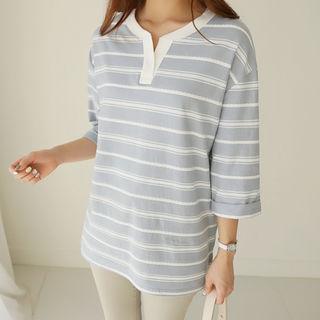 3/4-sleeve Contrast-trim Striped T-shirt