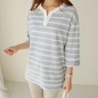 3/4-sleeve Contrast-trim Striped T-shirt
