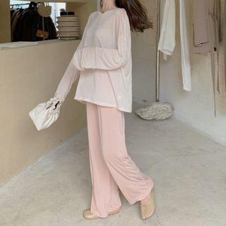 Plain Long-sleeve Loose-fit T-shirt / Pants