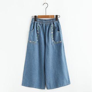Flower Embroidered Wide Leg Jeans