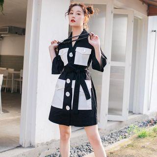 Color Block Pocket Detail 3/4-sleeve Shirt Dress