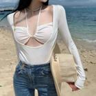 Mock Two-piece Long-sleeve Tie-front Knit Top White - One Size