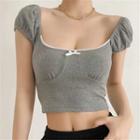 Short Sleeve Square-neck Bow Accent Crop Top