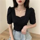 Square-neck Puff-sleeve Plain Top