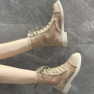 Block Heel Mesh Lace Up Short Boots