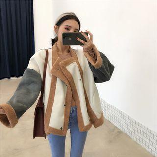 Color Block Faux Shearling Panel Buttoned Jacket As Shown In Figure - One Size